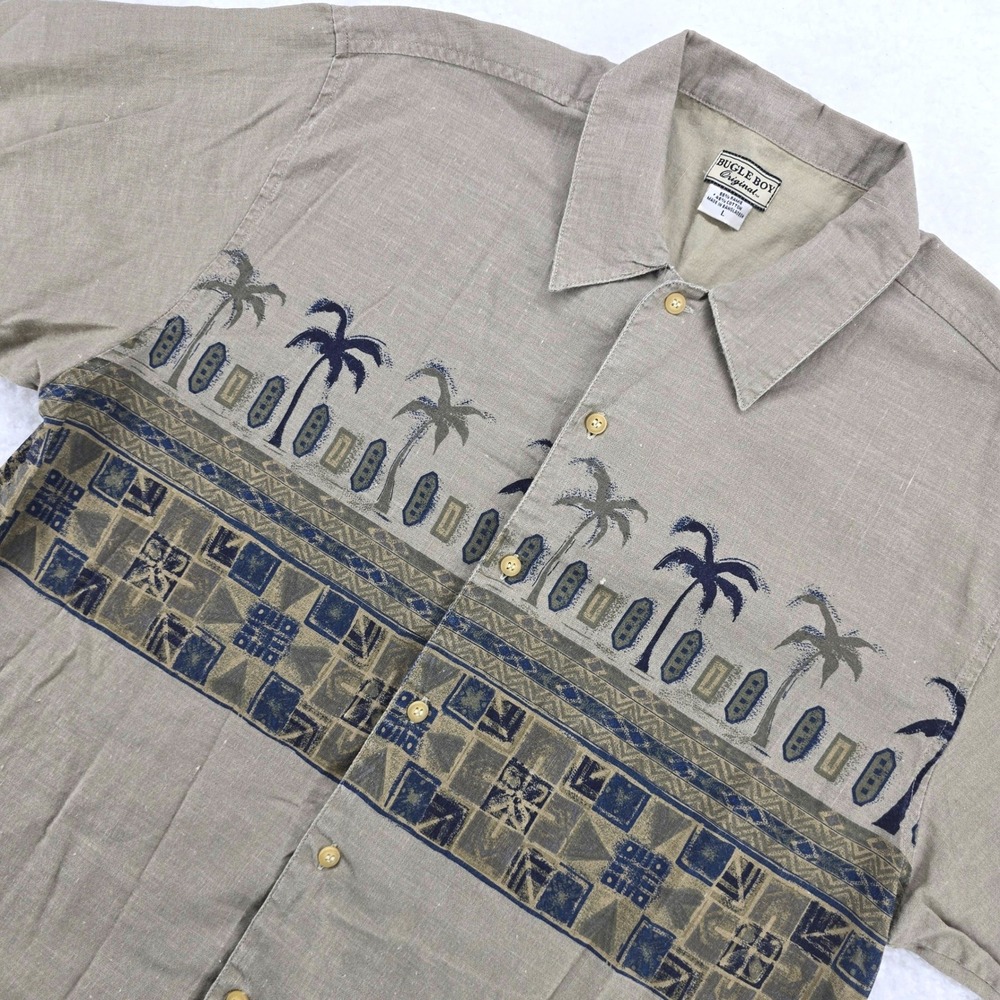 Bugle Boy Original Shirt Size L‎ Mens Tan Palm Tree Print Short Sleeve Button Up